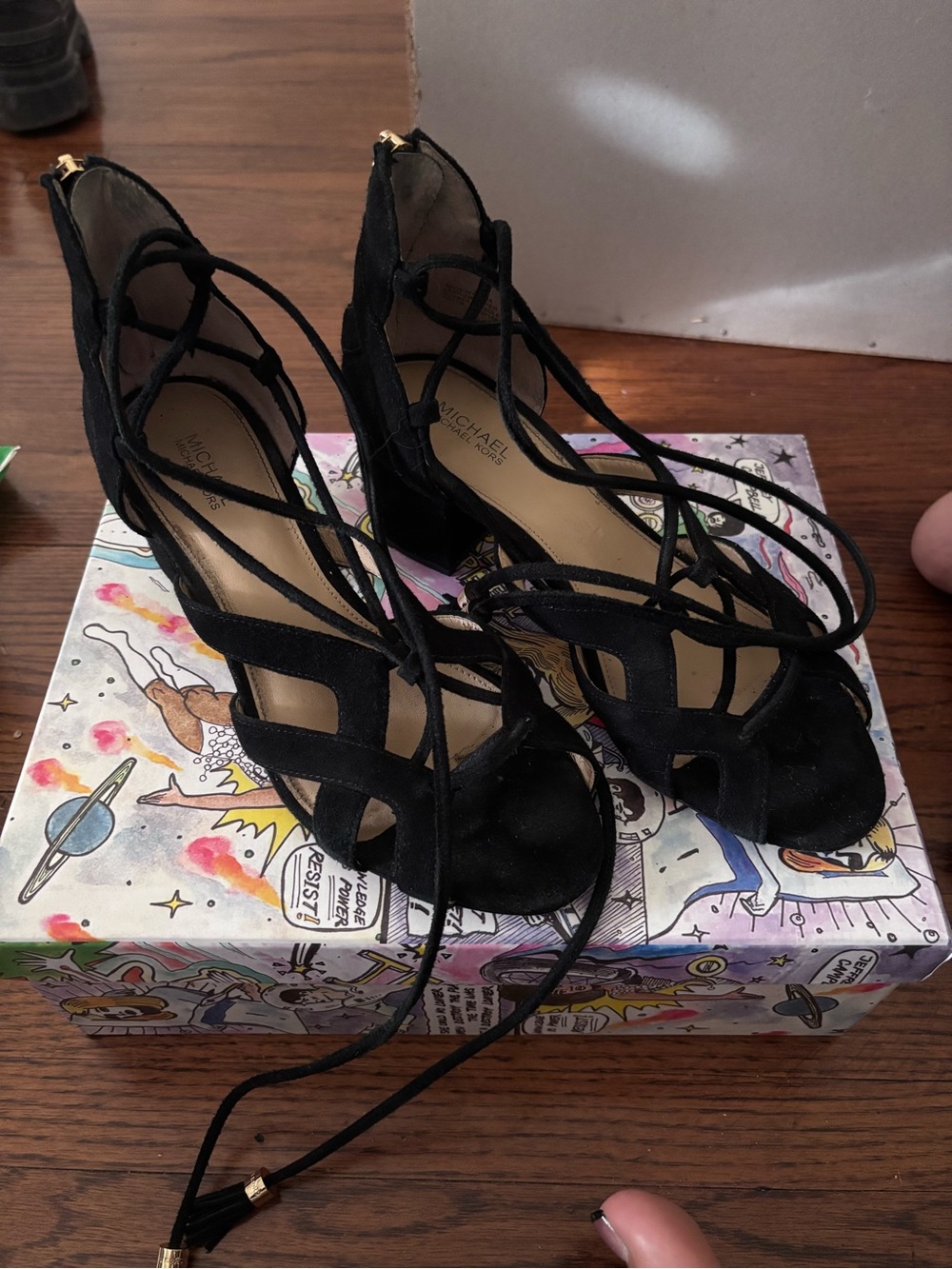 Michael Kors Black Suede Lace-Up Block Heels